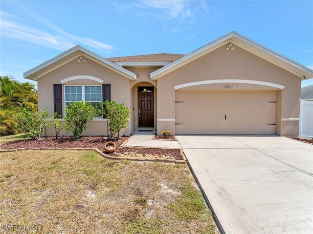 single story home featuring stucco siding, a garage, and driveway