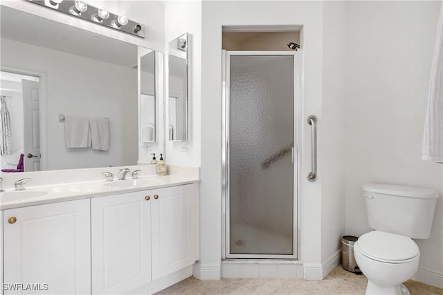 bathroom with vanity, toilet, tile patterned flooring, and a shower with door