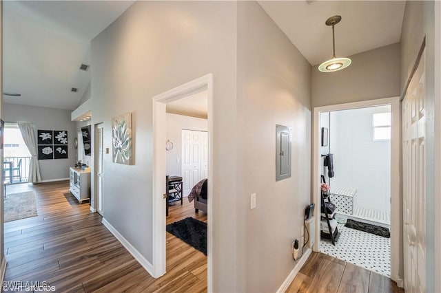 hall featuring electric panel, dark hardwood / wood-style flooring, and a towering ceiling