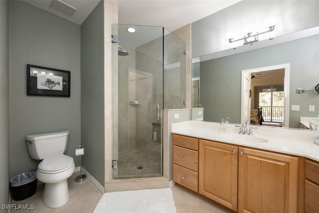 bathroom with vanity, tile patterned flooring, a shower with door, and toilet