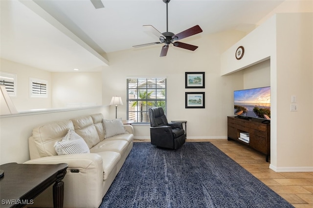 living room with lofted ceiling, light wood-type flooring, and ceiling fan