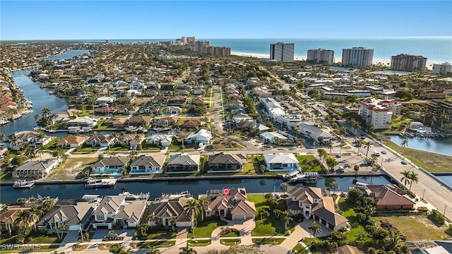 bird's eye view with a water view