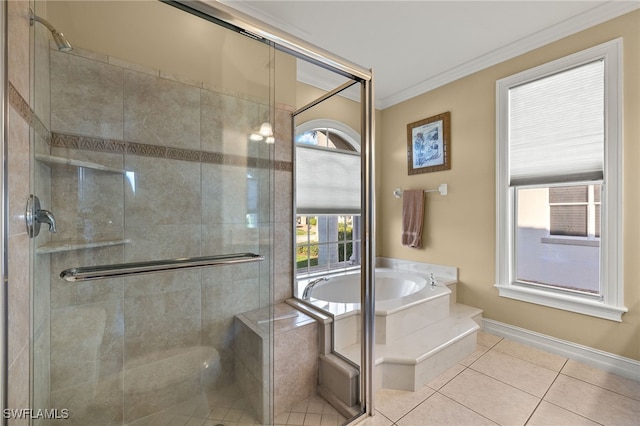 bathroom featuring crown molding, shower with separate bathtub, and tile patterned floors