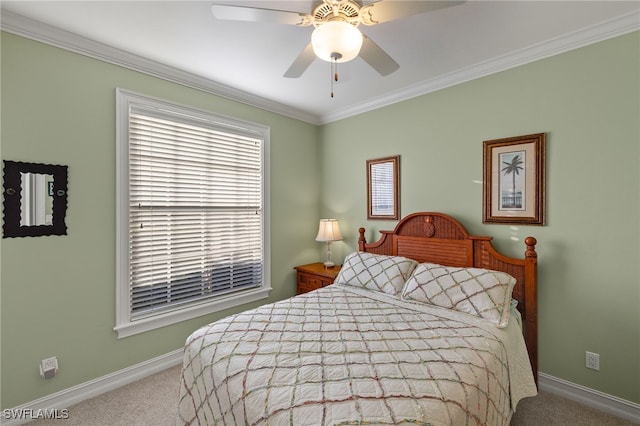 bedroom with crown molding, light colored carpet, and ceiling fan