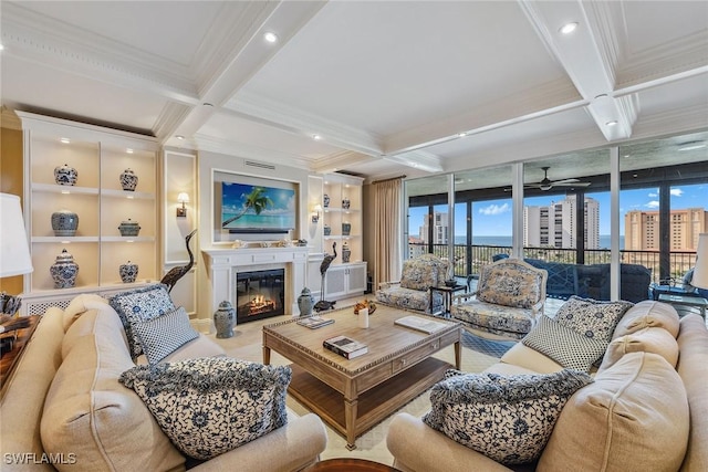 living room with beamed ceiling and coffered ceiling