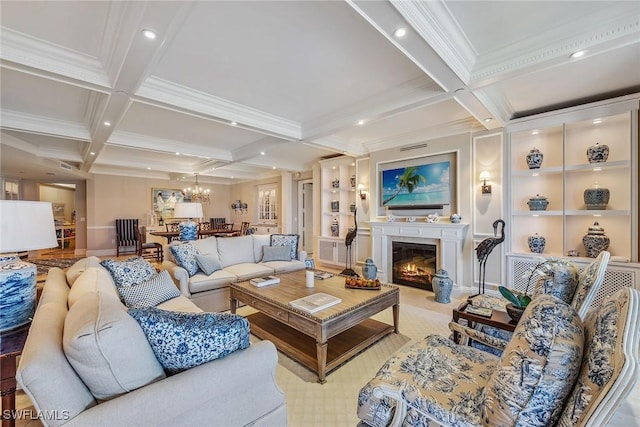 living room featuring beamed ceiling, coffered ceiling, and an inviting chandelier