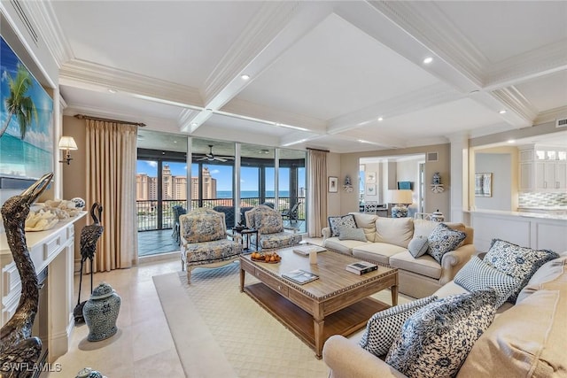 tiled living room featuring beamed ceiling, crown molding, and coffered ceiling