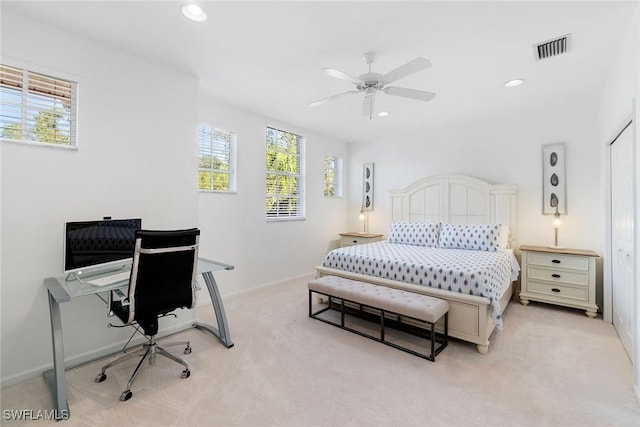bedroom with visible vents, baseboards, a ceiling fan, recessed lighting, and light carpet