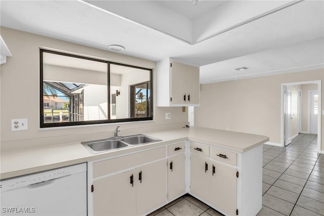 kitchen featuring white cabinetry, sink, light tile patterned floors, white dishwasher, and kitchen peninsula