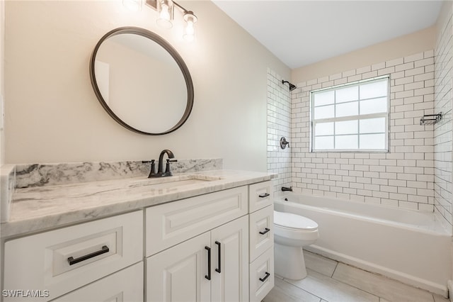 full bathroom with bathing tub / shower combination, vanity, toilet, and tile patterned floors