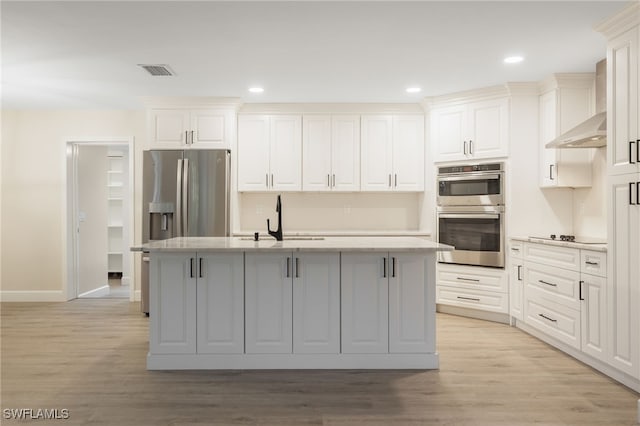 kitchen featuring white cabinets, visible vents, a sink, and a center island with sink