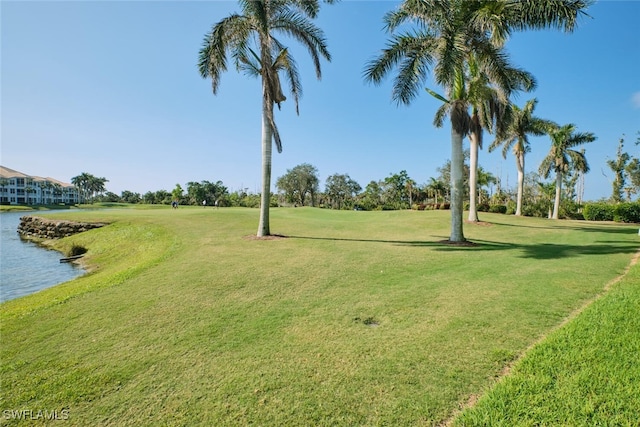 view of community with a yard and a water view