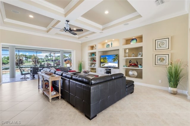 tiled living room featuring built in shelves, ceiling fan, crown molding, coffered ceiling, and beamed ceiling