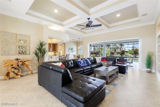 living room with beam ceiling, light tile patterned floors, a high ceiling, coffered ceiling, and ornamental molding