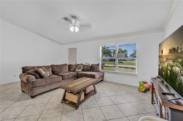 tiled living room featuring ornamental molding and ceiling fan