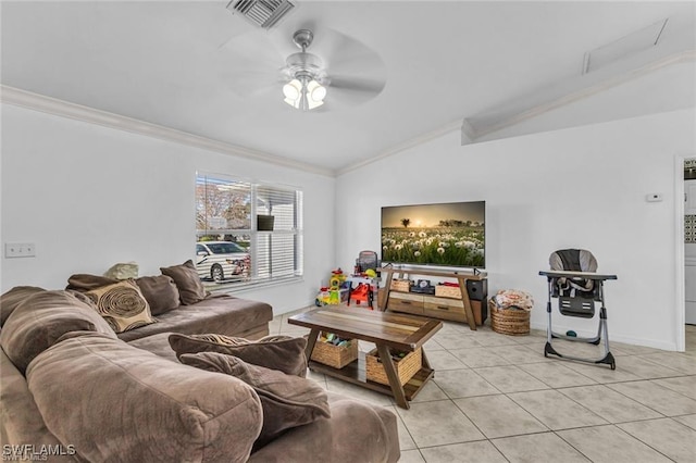 tiled living room with vaulted ceiling, ceiling fan, and crown molding