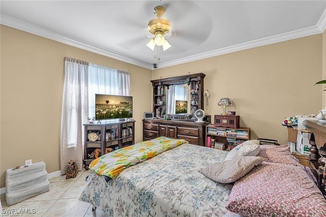 bedroom with crown molding, light tile patterned floors, and ceiling fan