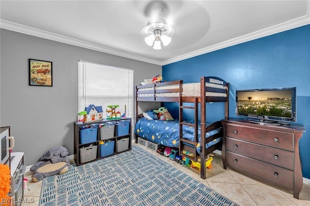 tiled bedroom featuring crown molding