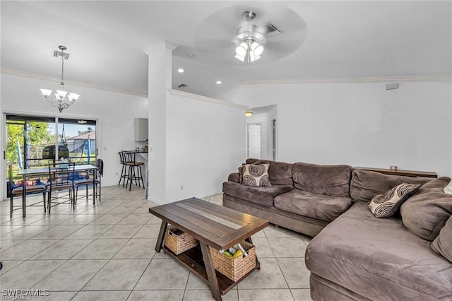 tiled living room featuring crown molding, vaulted ceiling, and ceiling fan with notable chandelier