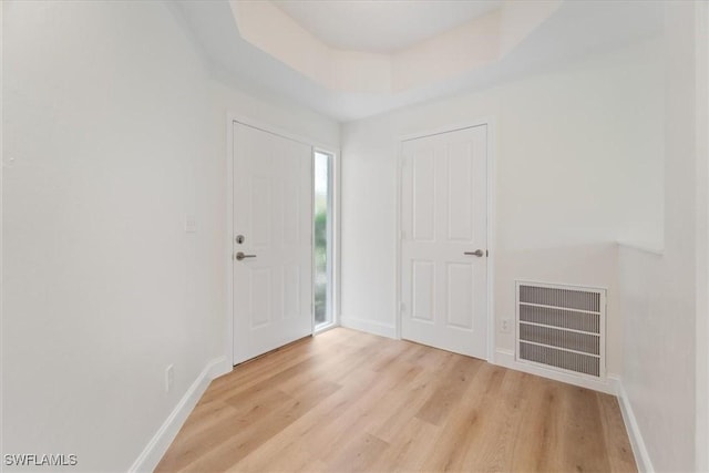 entrance foyer featuring a tray ceiling and light hardwood / wood-style floors