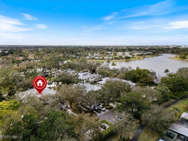 drone / aerial view featuring a water view