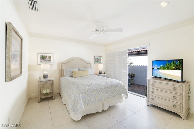 tiled bedroom featuring access to outside, ornamental molding, and ceiling fan