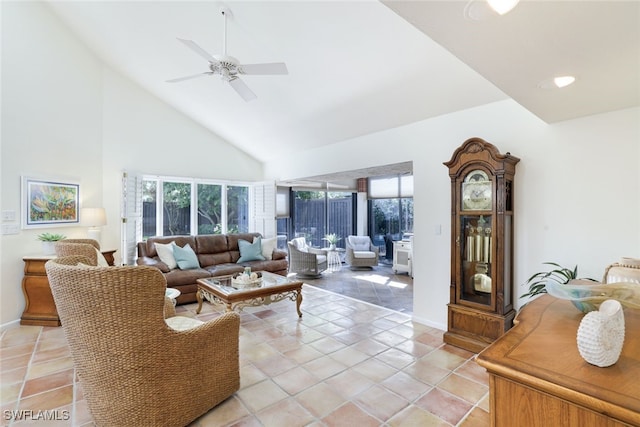 living room featuring light tile patterned floors, high vaulted ceiling, and ceiling fan