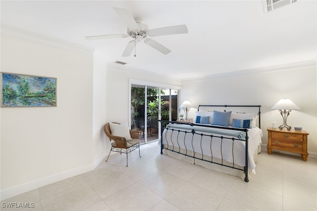 tiled bedroom featuring access to exterior, ornamental molding, and ceiling fan