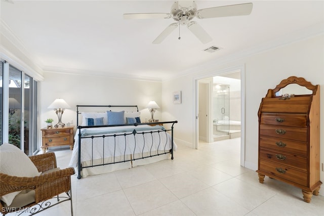 tiled bedroom featuring ceiling fan and ornamental molding