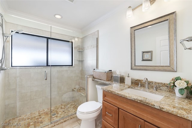 bathroom with tile patterned flooring, an enclosed shower, vanity, ornamental molding, and toilet