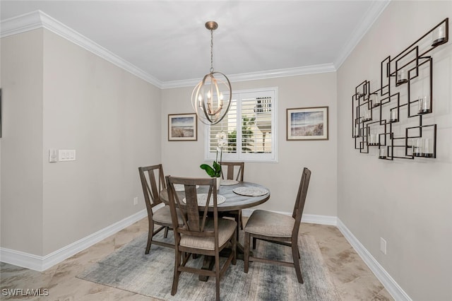 dining space featuring ornamental molding and a notable chandelier