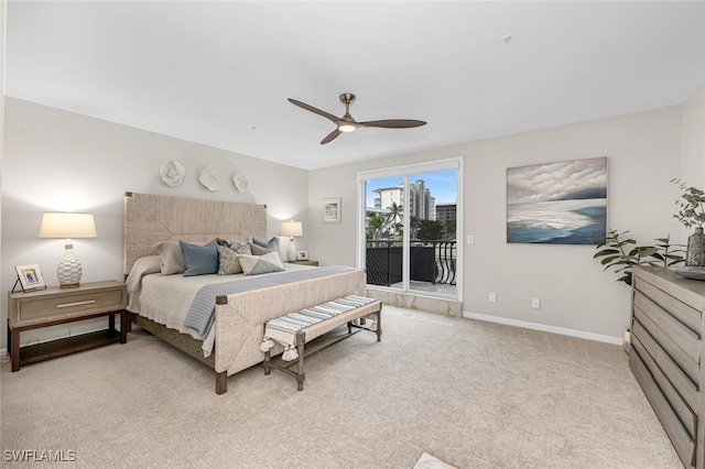 carpeted bedroom featuring ceiling fan and access to outside