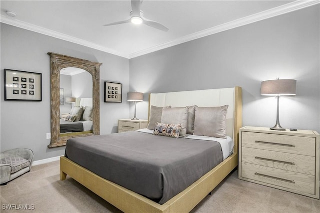 bedroom featuring light carpet, ceiling fan, ornamental molding, and baseboards