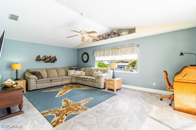 living room with vaulted ceiling and ceiling fan