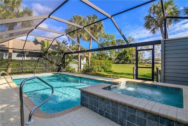 view of swimming pool with an in ground hot tub and a lanai