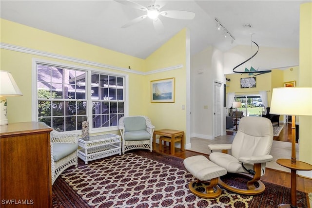 sitting room featuring wood-type flooring, lofted ceiling, ceiling fan, and rail lighting