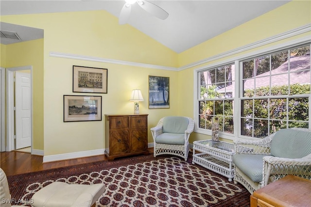 sitting room with hardwood / wood-style flooring, lofted ceiling, and ceiling fan