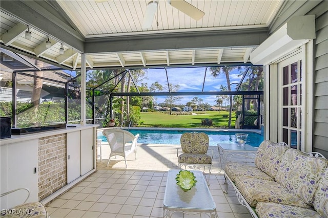 unfurnished sunroom with a pool, wood ceiling, and a healthy amount of sunlight