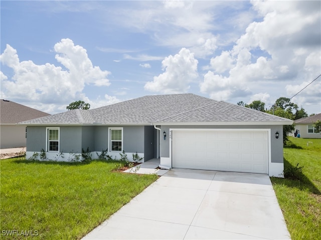 single story home with a garage, a shingled roof, concrete driveway, stucco siding, and a front yard