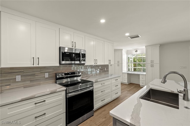 kitchen featuring appliances with stainless steel finishes, white cabinetry, a sink, and backsplash