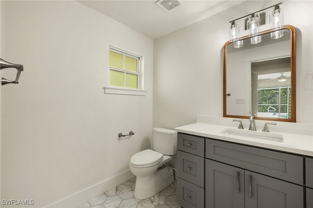 bathroom featuring visible vents, toilet, ceiling fan, vanity, and baseboards