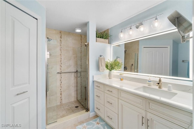 bathroom with a stall shower, a closet, and vanity