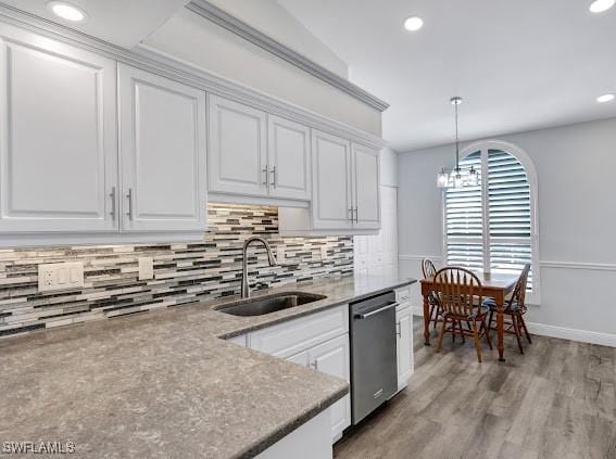 kitchen with sink, decorative light fixtures, stainless steel dishwasher, decorative backsplash, and white cabinets