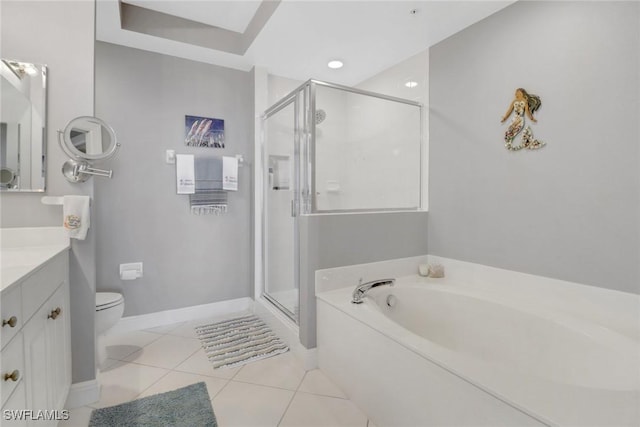 full bathroom featuring tile patterned floors, vanity, toilet, and independent shower and bath