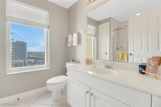 bathroom with walk in shower, tile patterned floors, toilet, and vanity