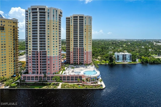 drone / aerial view with a water view