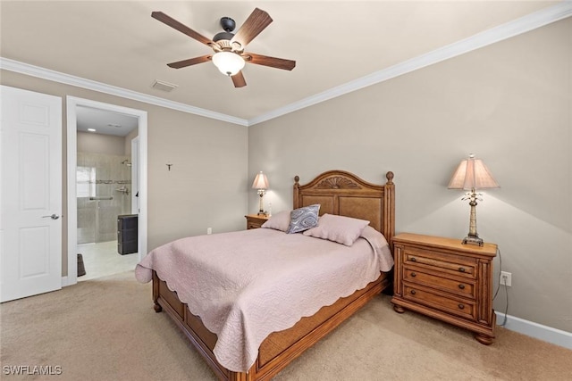 10641 Jackson Square Dr, Estero, FL 33928 - bedroom featuring light carpet, visible vents, crown molding, and ensuite bath