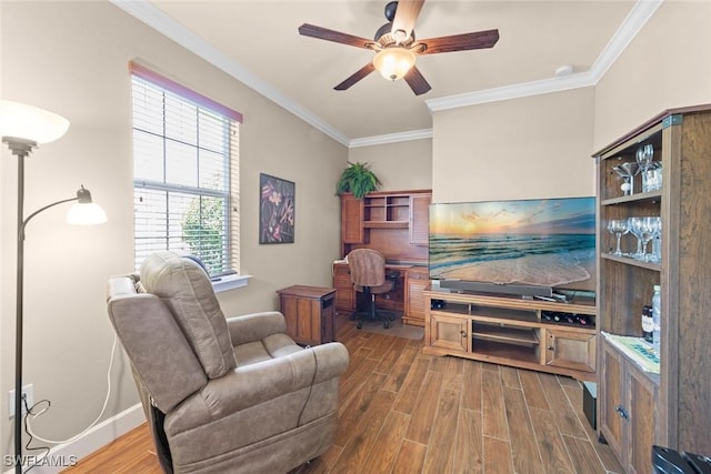 10641 Jackson Square Dr, Estero, FL 33928 - living area with ornamental molding, baseboards, ceiling fan, and wood finished floors