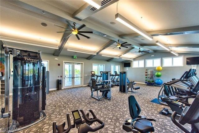 10641 Jackson Square Dr, Estero, FL 33928 - gym with baseboards, lofted ceiling, ceiling fan, and a healthy amount of sunlight