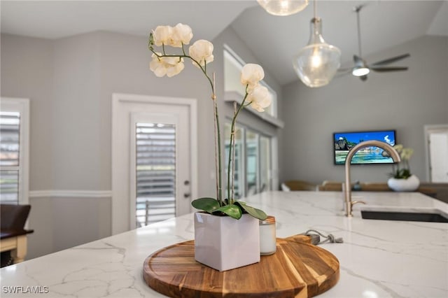 dining room with vaulted ceiling, sink, and a wealth of natural light